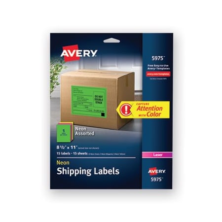 Avery Dennison Avery, HIGH-VISIBILITY PERMANENT LASER ID LABELS, 8.5 X 11, ASST. NEON, 15PK 5975